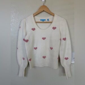 Draper James Cream Scoop Neck Sweater with Pink Hearts